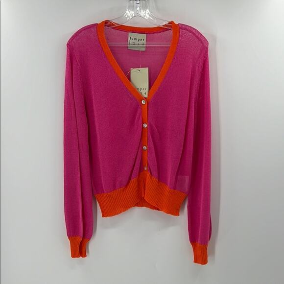 Jumper 1234 Women's Open Weave Colorblock Cardigan - Fuchsia/Neon Orange - 4 NWT - Picture 1 of 7
